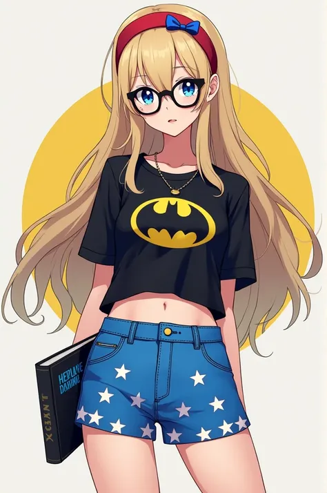 Female character pale skin blonde hair black glasses in circle. Black Batman shirt, blue shorts with white stars, red headband with blue, black book with blue anime letters.