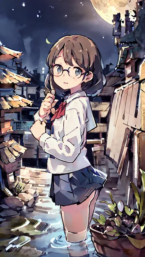 Dazzling Light、Many towers in the distance、Big Moon、metropolis、Tall buildings、Looking up at the stars、water、Midnight、Moon、Blue light、sky、sea、Nsfw、masterpiece, high quality, 4K, HDR,, Stable Diffusion prompt:  schoolgirl with short、brown hair and red-framed...