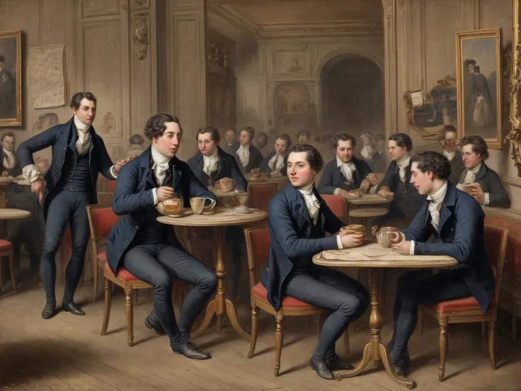 realistic picture,early 19th century,in Europe,in the café,a young man is standing and speeching,young men sitting chairs,tables,old Paris map sticking