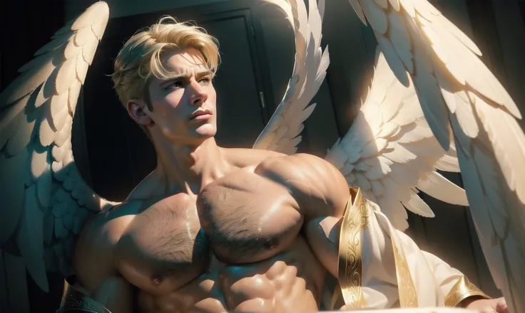 [((highly detailed, detailed eyes, detailed face, clear and realistic facial features, photorealistic, realistic light, cinematic, chest-up shot)), (1 man), (((((Gorgeous perfect sexy powerful masculine male angel))))), (((one pair of large wings))), ((fai...