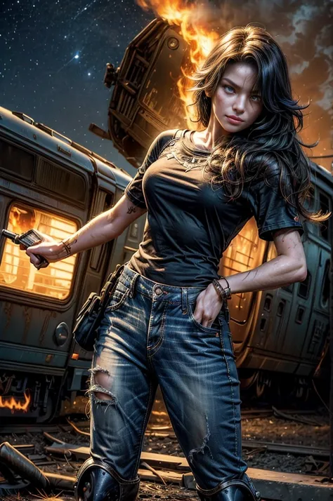 (masterpiece, best quality:1.2), cowboy shot, solo, 1girl, cinder fall, looking at viewer, long hair, t-shirt, jeans, dynamic pose, next to wrecked train, holding flame, night, stars, closed mouth, serious look, serious expression, post-apocalypse, dystopi...