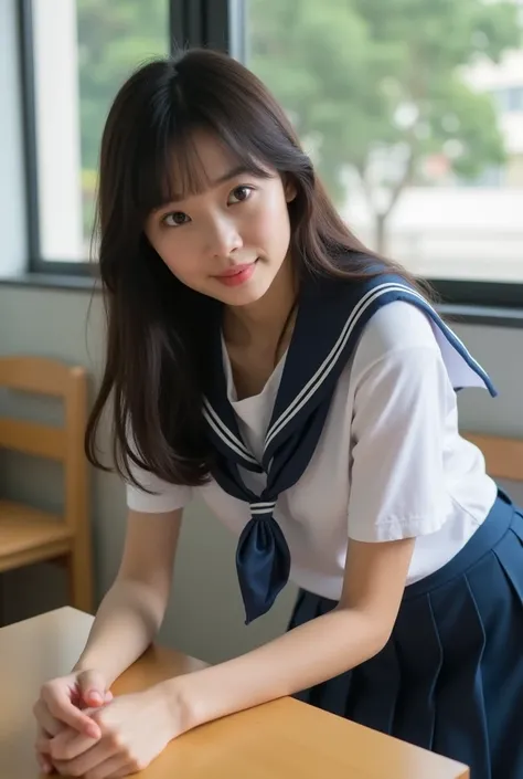 
Slim but trained asian teen with biger breasts in a to smal school uniform. Leaning over a table. Breast shine throu clothes