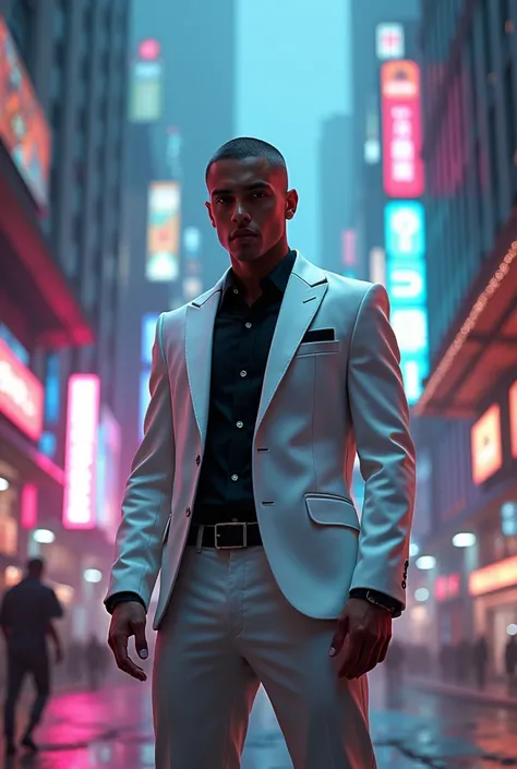 photorealistic, high resolution, soft light, 1 man, buzz cut hair, white and black suit, stand pose, detailed face, cyberpunk style,, cyberpunk, glowing, on the street, with cyber city.