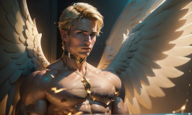 [((highly detailed, detailed eyes, detailed face, clear and realistic facial features, photorealistic, realistic light, cinematic, chest-up shot)), (1 man), (((((Gorgeous perfect sexy powerful masculine male angel))))), (((one pair of large wings))), ((fai...