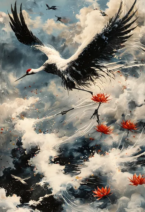 Ink, Crane, cloud, wing, I am, outdoors, feathered wing, sky, petal,oil paint
