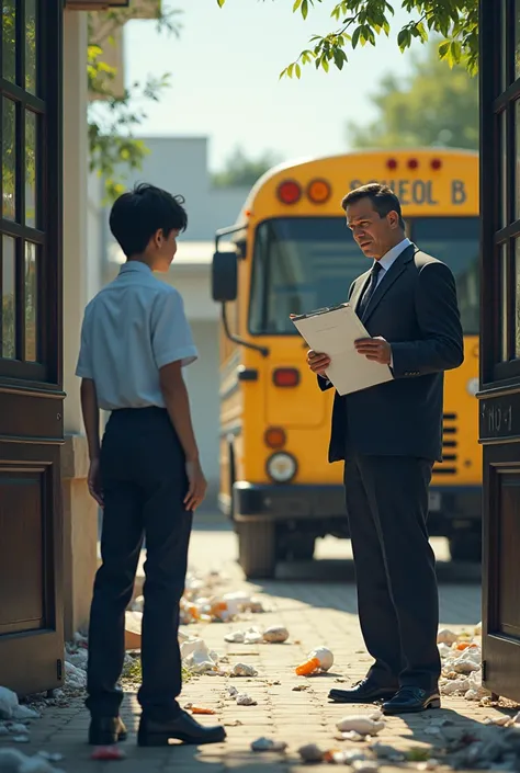 Boy in school uniform gets off bus and looks at sad school principal being fined by guard for excessive trash at school