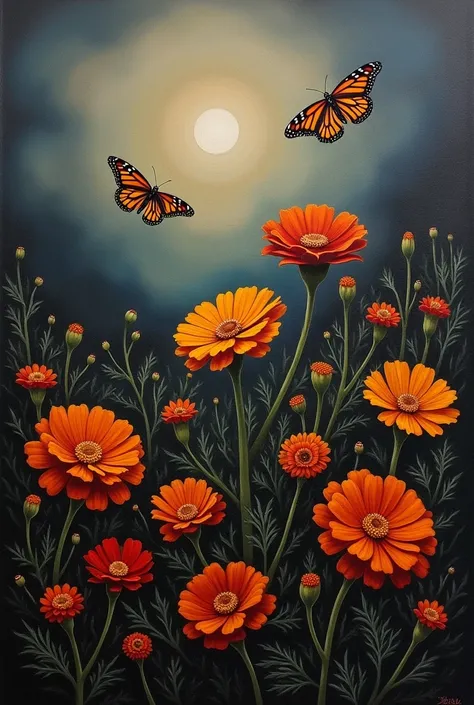 Oil painting alluding to the Day of the Dead of the Purepecha culture and with elements such as the cempasuchil and the monarch butterfly, that does not include women or men. The image in dark tones