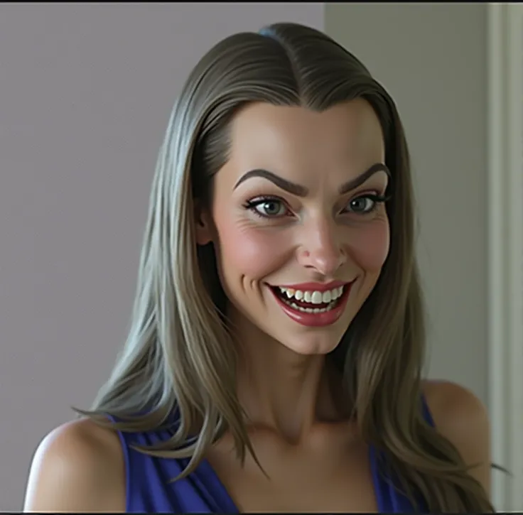 a detailed sexy evil witch with a big nose, big forehead, long hair, raised eyebrows, perfect teeth, wearing a blue dress, cleavage, evil laugh, cinematic lighting, hyperrealistic, 8k, highly detailed, photorealistic, masterpiece