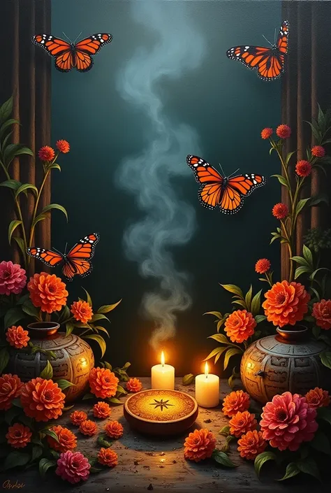 Oil painting alluding to the Day of the Dead of the Purepecha culture and with elements such as candles or copal, marigold and monarch butterfly, that does not include women or men. The image in dark tones