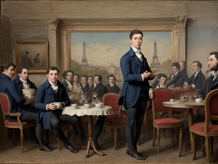 realistic picture,early 19th century,in Europe,in the café,from far away scenery,blur faces,a young man is standing and speeching,young men sitting chairs and listening the speech,tables,old Paris map sticking