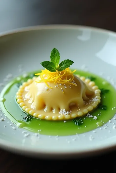 On a round, deep plate, a ravioli with a mint foam base decorated with lemon zest 
