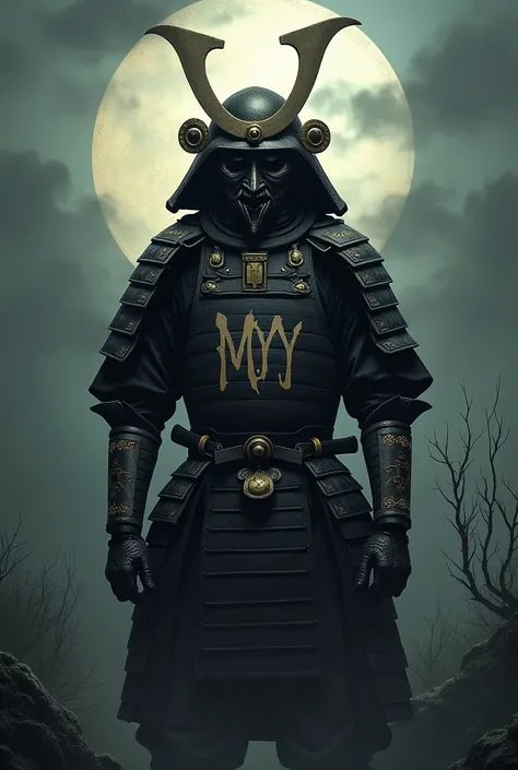 A samurai with a disturbing mask, with a dark landscape behind and the letters MYM printed in large print on the front