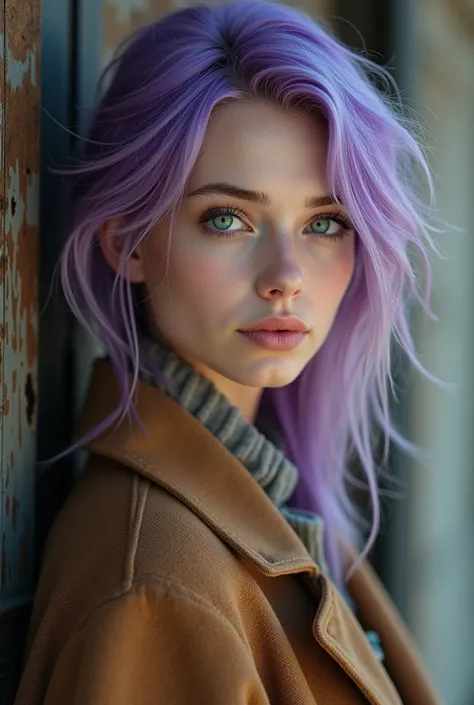 A woman young, with light blue eyes and Germanic features. Her hair is dyed purple but the light blonde roots are already growing out. She wears a brown coat. 