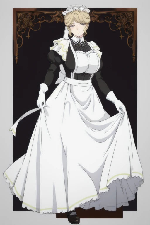 Maria_VM, huge_breasts, standing, solo, VIctorian_Maid_Uniform, masterpiece, best quality, detailed face, detailed eyes, highres, white gloves, long skirt, skirt the ground 