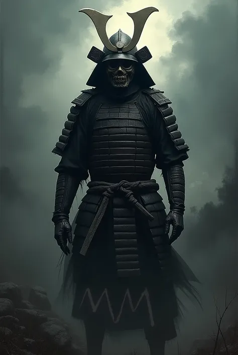 A samurai with a disturbing mask, with a dark landscape behind and the letters MYM printed on the front of the large image