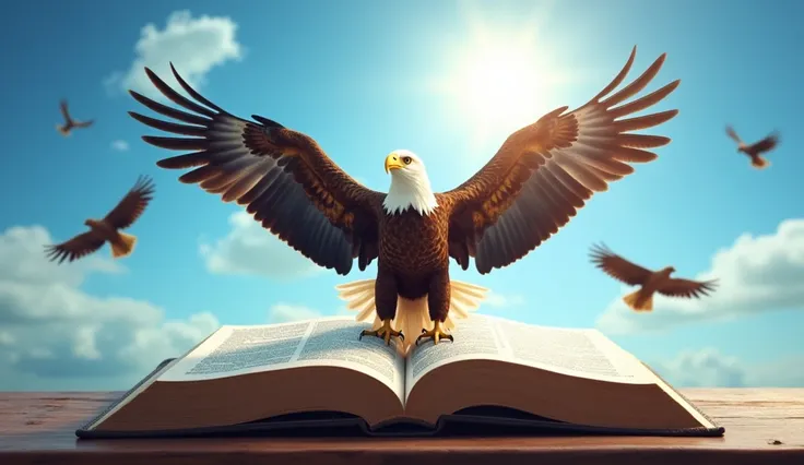 on top of an open bible,an eagle and some birds symbolizing the holy spirit above a bright blue sky