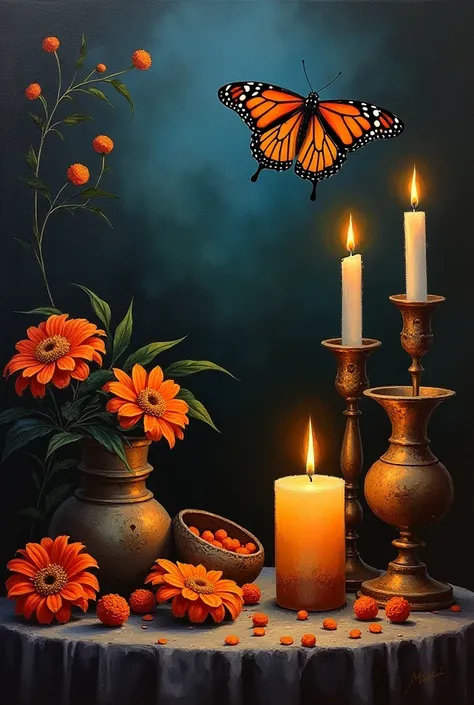 Oil painting alluding to the Day of the Dead of the Purepecha culture and with elements such as candles or copal, marigold and monarch butterfly, that does not include women or men. The image in dark tones. Simulating the passage between life and death