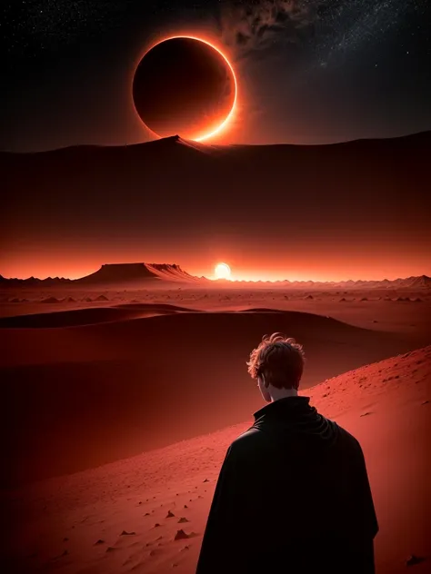 A man with his back turned, short and messy hair, standing in the middle of a red desert. He is looking at the horizon line where the red desert extends into a mountain range, eventually blending into a dark sky. Above, a partial eclipse is taking place, c...