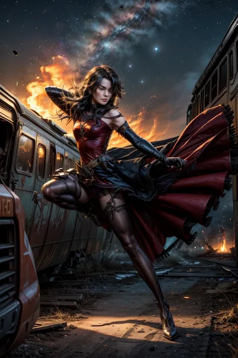 (masterpiece, best quality:1.2), cowboy shot, solo, 1girl, cinder fall, looking at viewer, long hair, red dress, elbow gloves, pantyhose, dynamic pose, next to wrecked train, holding flame, night, stars, closed mouth, serious look, serious expression, post...