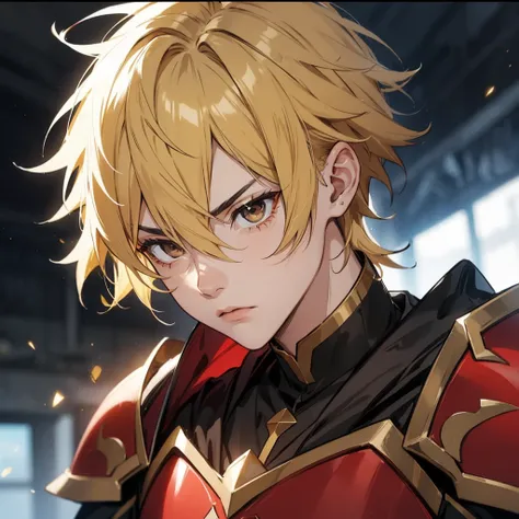 Young man with black eyes like the night sky short golden yellow hair with a wild expression black and red armor 