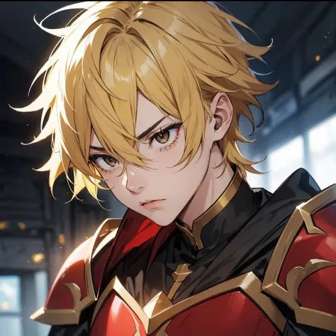 Young man with black eyes like the night sky short golden yellow hair with a wild expression black and red armor 