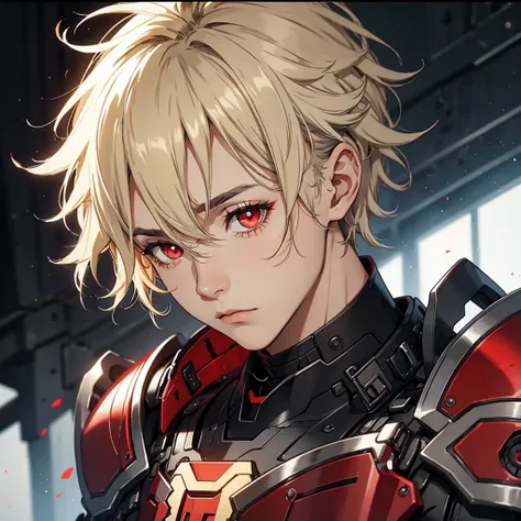 Young man with eyes as black as the night sky with a wild expression black and red armor 