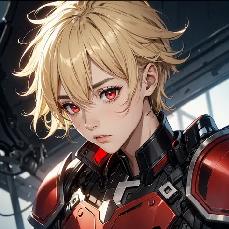 Young man with eyes as black as the night sky with a wild expression black and red armor 