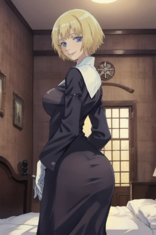 Solo, 1girl, orsolaAquinas, smile, short hair, blue eyes, blond hair, long sleeves, nun outfit, long skirt, medium breasts, white gloves, nun, habit, Masterpiece, Best Quality,room, bedroom, leaning back, posing, from behind, ass support looking at viewer,...