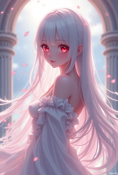 Pretty anime girl with long white hair and red eyes