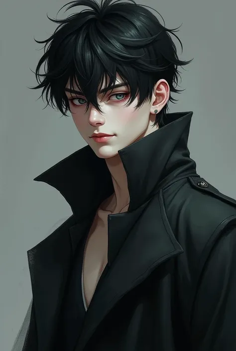 a young lad, white skin and black hair, gray blue eyes. Despite being young, he has a marked jaw., a treacherous smile. The face has a more triangular shape. He has an athletic and slim body., wears loose, dark clothes. 