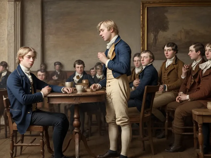 realistic picture,early 19th century,in Europe,in the café,from far away scenery,blur faces,a blonde medium length hair young man is standing and speeching,young men sitting chairs and listening the speech,wear simple clothes,tables