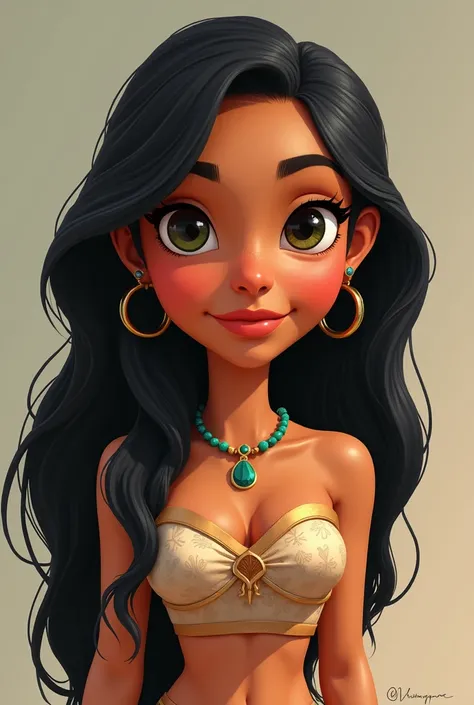 Una caricatura de una mujer con un vestido marron-blanco y cabello largo y negro y de ojos naranja-verde fusionado., Pocahontas, portrait of Pocahontas, portrait of a young Pocahontas, estilo artístico de disney, arte conceptual de disney, arte al estilo d...