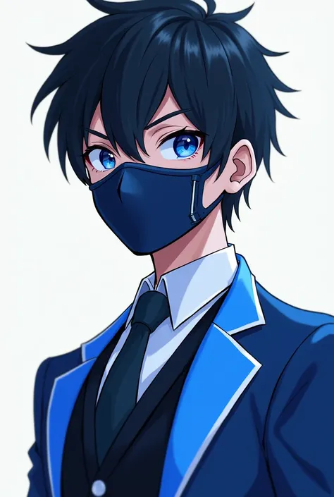 I want you to create a character for me that has a mask and a blue and white suit that is male, that shows this part, only this one that is here, that only the eyes can be seen, the character is a 14-year-old male but appears older.