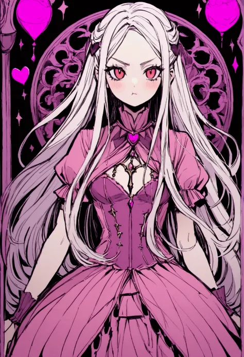 Young woman around her 17-19, has white strands, amber eyes, long hair,flushy cheeks, likes to wear pink Gothic clothes, her body tipes is hourglass