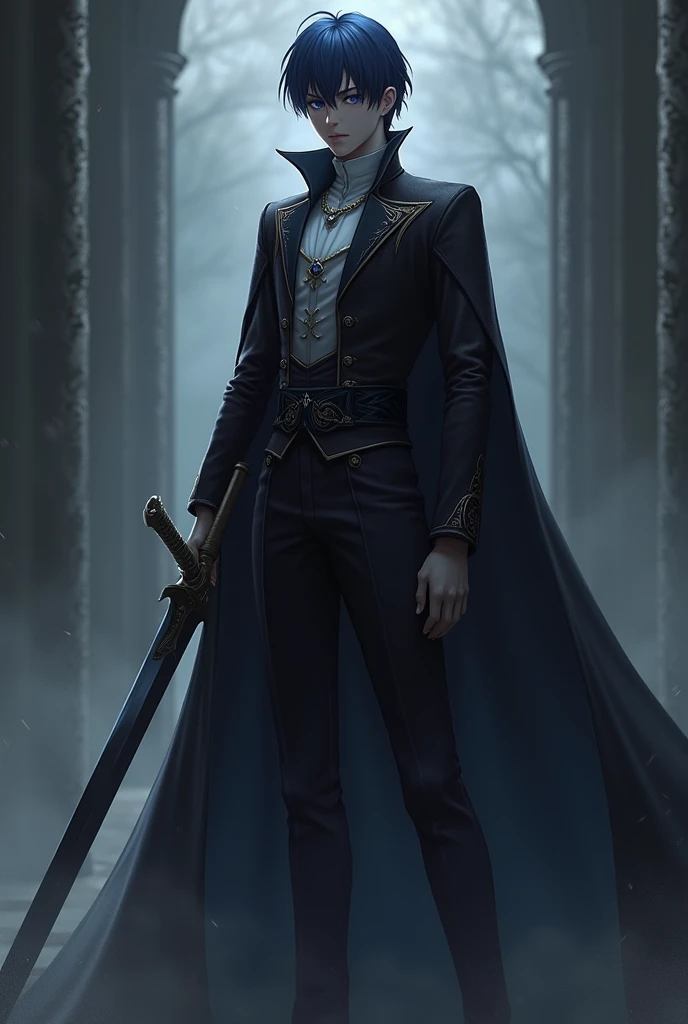 A prince, your elegant clothes, with a black sword, her blue eyes, and that they are small and serious, just like your face, and her short hair, of a bluish black color 