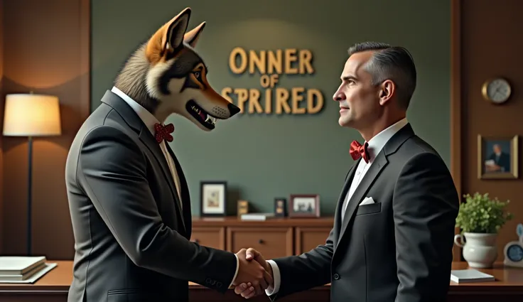 Wolf in a suit and bow tie shaking hands with an executive, Realistic, Detailed, vintage, Office lighting 