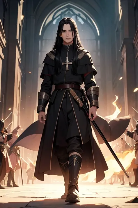 an army of the kingdom with a leading priest, long black  hair, going to the battlefield, medieval era, fancy