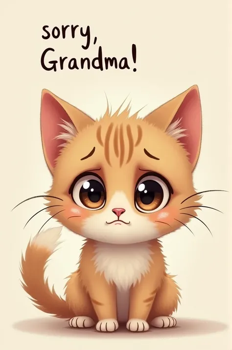 Cat with big eyes saying sorry with caption written on top "sorry, Grandma!"