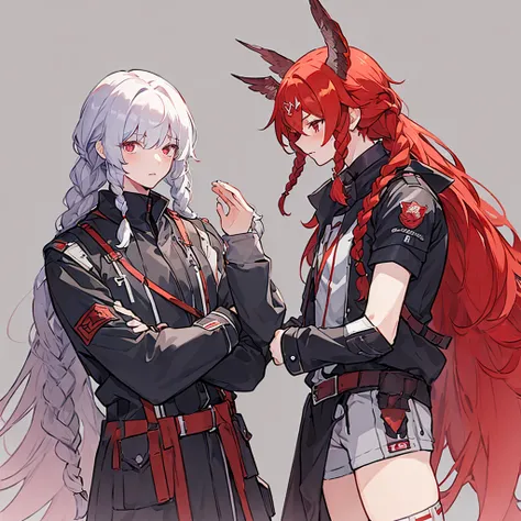 (1 boy, tall, large red wings, gray long hair with two braids next to the bangs, three red fears behind the ear, chibi, medium -sized head, eyes, not cute