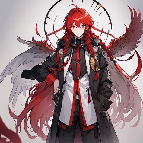 (1 boy, tall, large red wings, gray long hair with two braids next to the bangs, three red fears behind the ear, chibi, medium -sized head, eyes, not cute