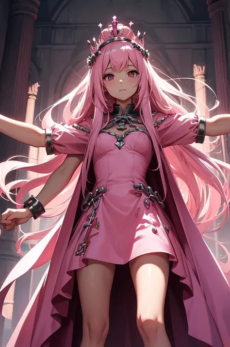 Beautiful woman, long hair, princess crown on head, pink dress, pink dress, pink dress, torn dress, chained with outstretched arms, prisoner, prisoner, shackles on arms, outstretched arms, pink heels, bare legs, bare arms