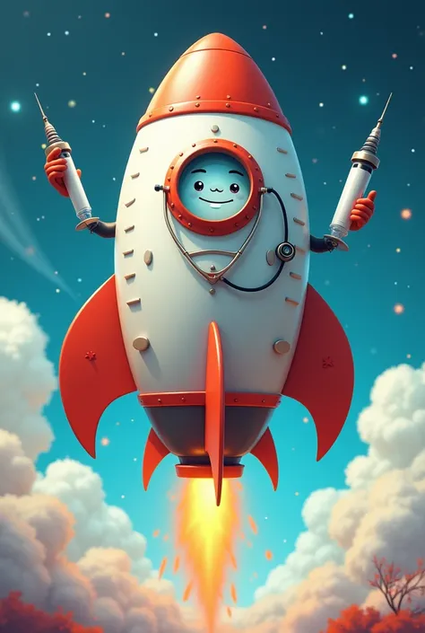 Cartoon rocket with stethoscope and syringes