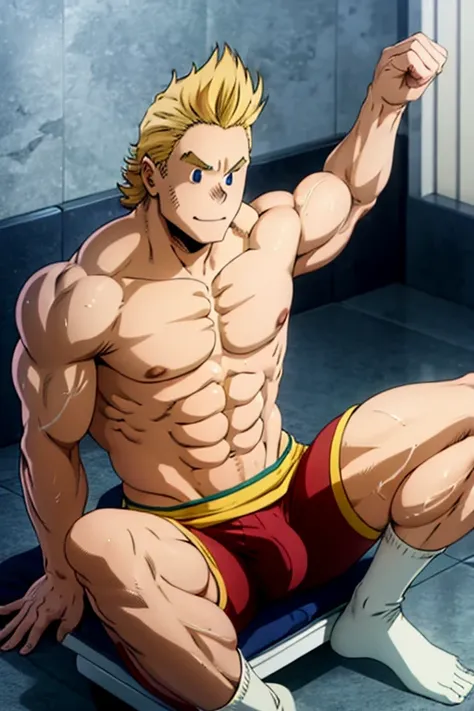 Mirio togata, sexy body wet, sit in tight briefs with a huge massive boner, OPEN LEGS