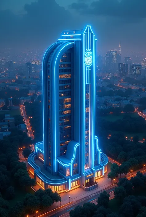 birdseye view, blue neon lights, art deco design，urban buildings，streamline moderne，futuristic architecture, Abstraction，modern style，Luxury and Luxury，Future night view，Futuristic decorative elements，Metallic，number line，sci-fi lamp，Virtual Engine，Unreal ...