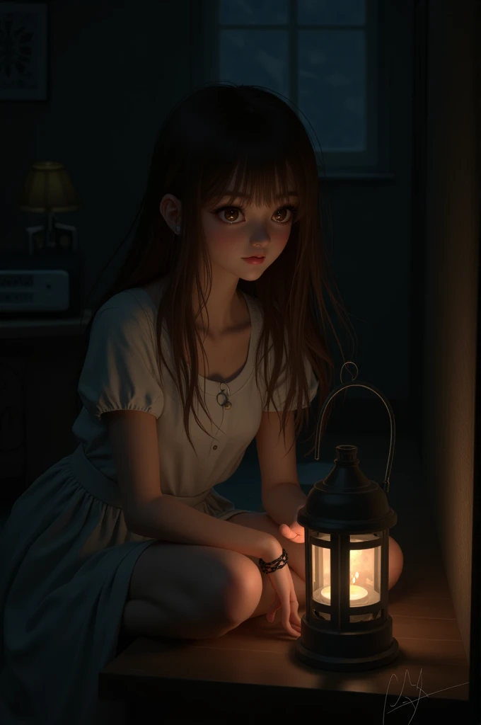 Girl with brown hair and brown eyes inside room in the night 