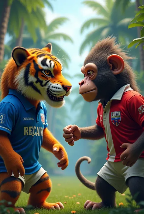 A tiger wearing the Alianza Lima club polo shirt looking at a monkey wearing the Universitario club polo shirt
