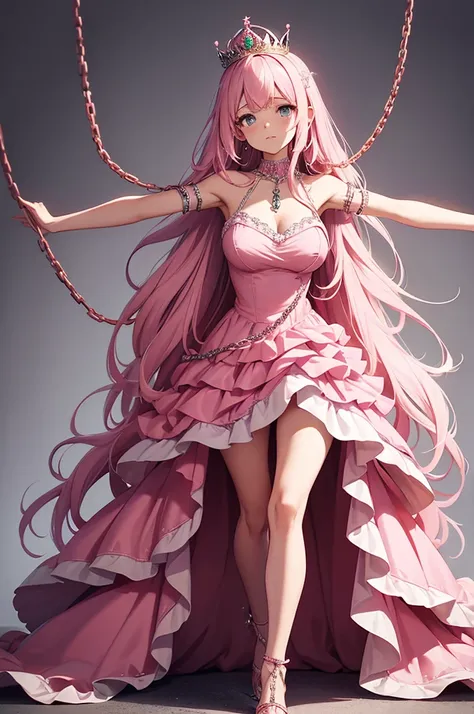 Beautiful woman, full body, adult woman, long hair, princess crown on head, pink dress, pink dress, pink dress, torn dress, torn dress, chained with outstretched arms, prisoner, prisoner, shackles on arms, outstretched arms, pink heels, bare legs, bare arm...