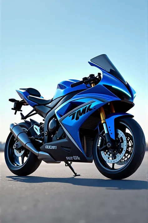 Blue Suzuki motorcycle with the TMK initials in black with sky blue edges and all other details of the motorcycle in carbon fiber with white and light blue details 