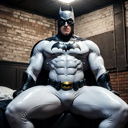 pump own muscles and swollen it bicep has wide muscular neck and hips flex bumping swollen bicep tight huge bulge Batman even bigger and more muscular than normal camera view under light blue Batman blue Smooth Costume LaTeX over growing bigger monster Hug...