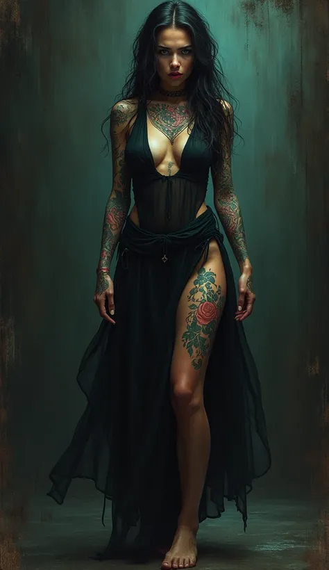 (best quality,8K,highres,masterpiece:1.2), ultra-detailed, realistic, photorealistic:1.37, oil painting, full body shot,  tattooed girl, very beautiful and detailed face, captivating eyes and lips, attractive and well-defined facial features, expressive fa...